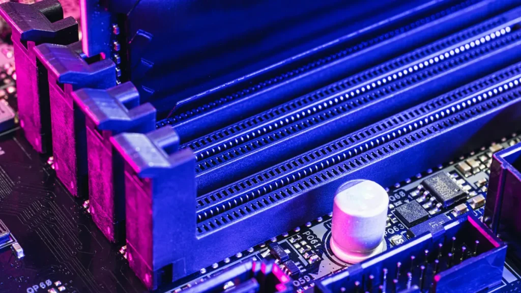 A photo of RAM slots in a computer, lit by purple lighting